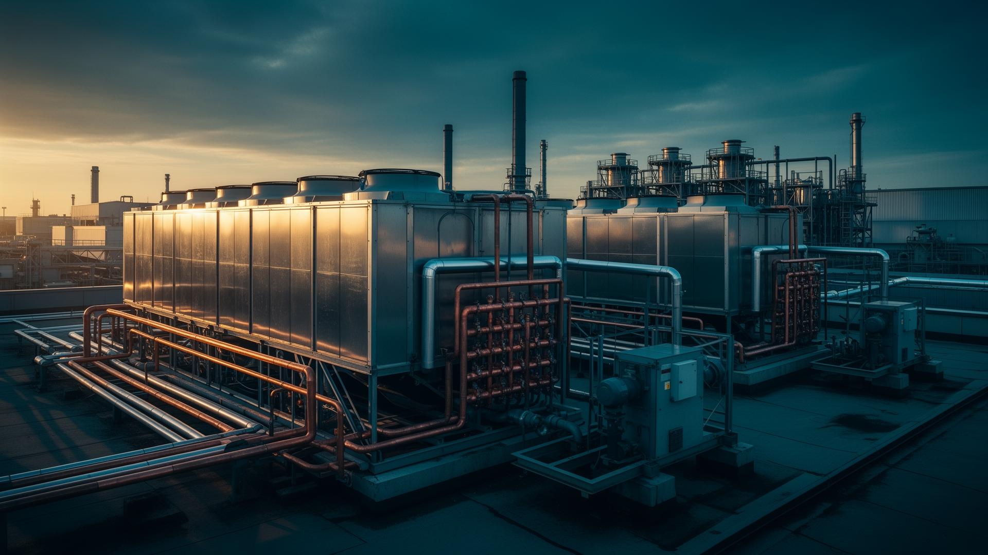 Przemysłowa instalacja HVAC — chillery i rurociągi na dachu zakładu produkcyjnego